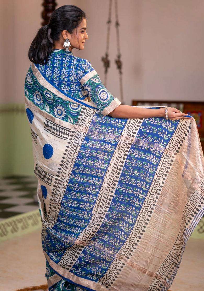 Semi Chanderi Silk Cotton Saree Cream And Green With Allover Zari Weaves Geometric Block Prints And Long Printed Border For Women - Indya