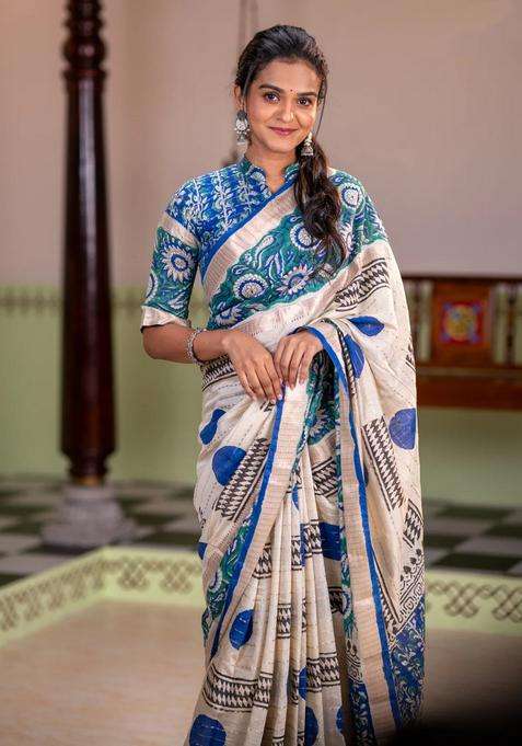 Semi Chanderi Silk Cotton Saree Cream And Green With Allover Zari Weaves Geometric Block Prints And Long Printed Border For Women