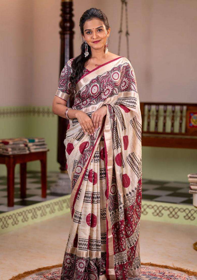 Semi Chanderi Silk Cotton Saree Cream And Grey With Allover Zari Weaves Geometric Block Prints And Long Printed Border For Women - Indya