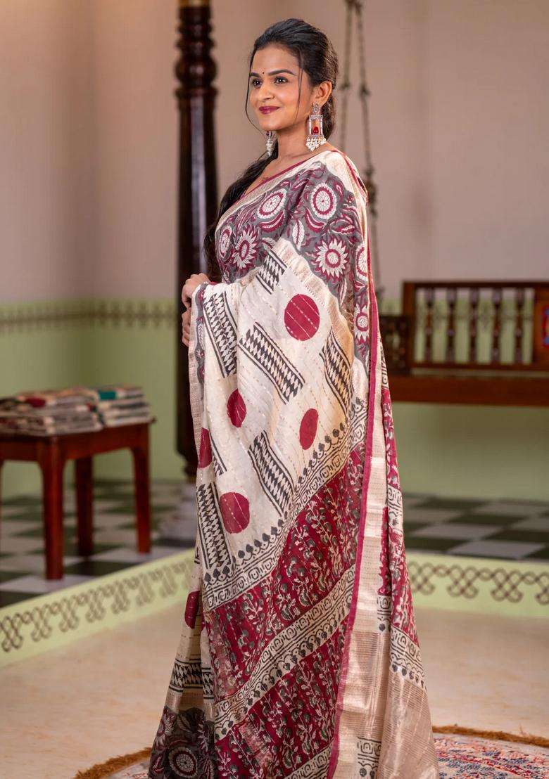 Semi Chanderi Silk Cotton Saree Cream And Grey With Allover Zari Weaves Geometric Block Prints And Long Printed Border For Women - Indya