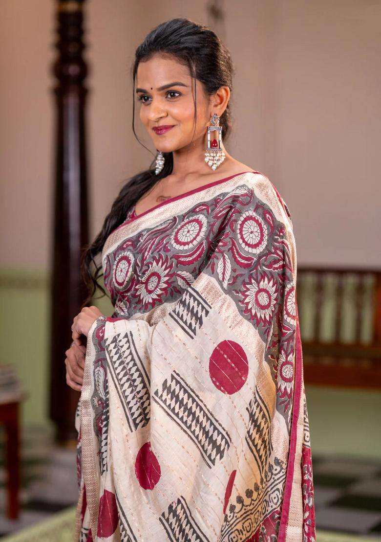 Semi Chanderi Silk Cotton Saree Cream And Grey With Allover Zari Weaves Geometric Block Prints And Long Printed Border For Women - Indya