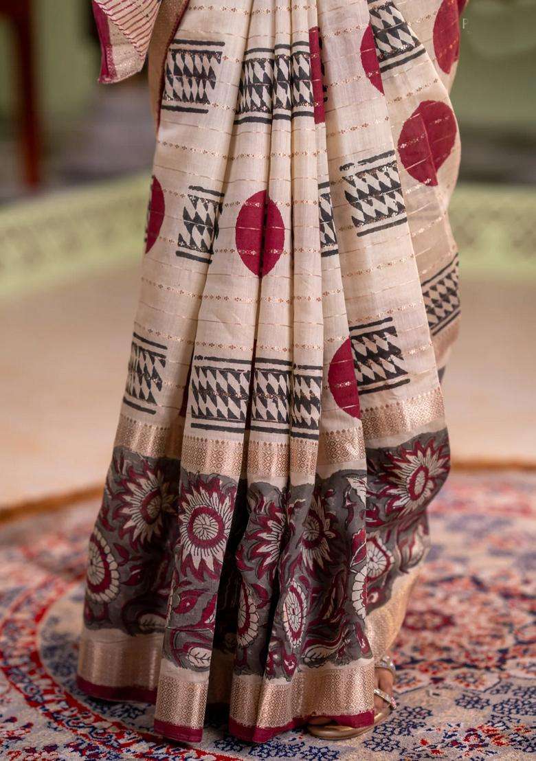 Semi Chanderi Silk Cotton Saree Cream And Grey With Allover Zari Weaves Geometric Block Prints And Long Printed Border For Women - Indya