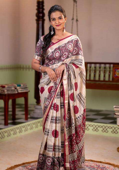 Semi Chanderi Silk Cotton Saree Cream And Grey With Allover Zari Weaves Geometric Block Prints And Long Printed Border For Women
