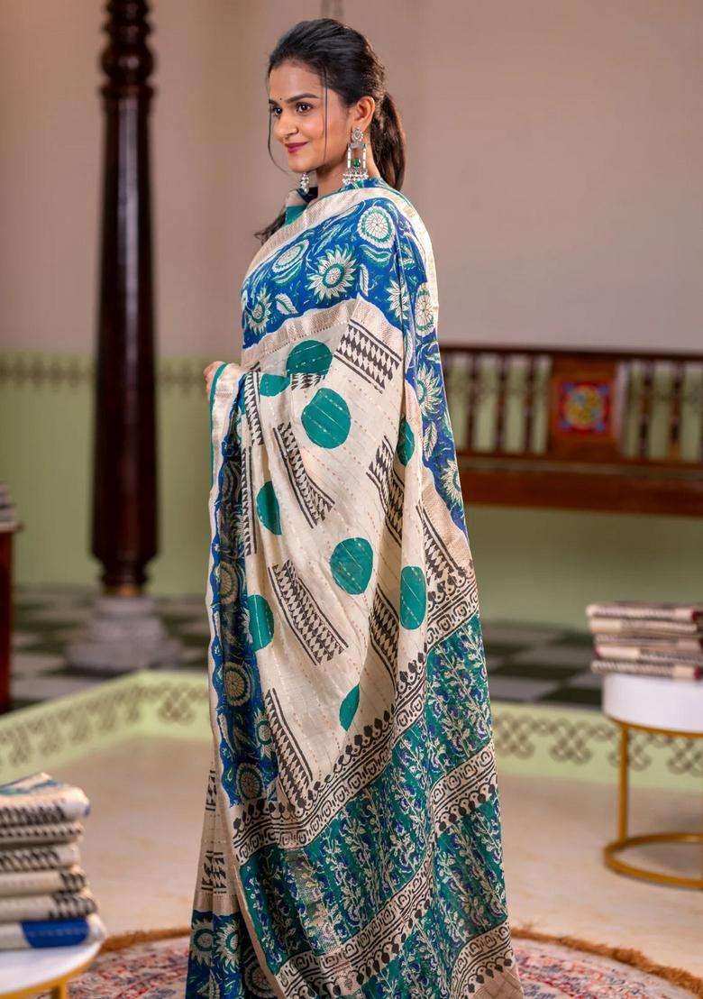 Semi Chanderi Silk Cotton Saree Cream And Blue With Allover Zari Weaves Geometric Block Prints And Long Printed Border For Women - Indya