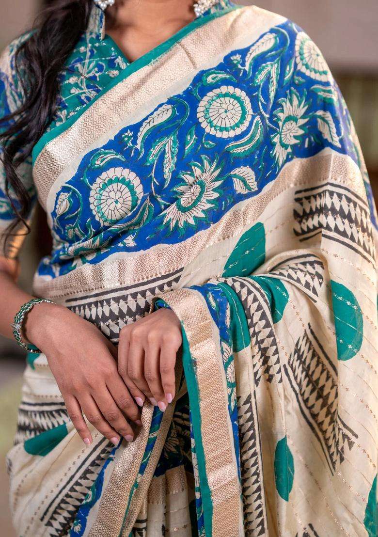 Semi Chanderi Silk Cotton Saree Cream And Blue With Allover Zari Weaves Geometric Block Prints And Long Printed Border For Women - Indya