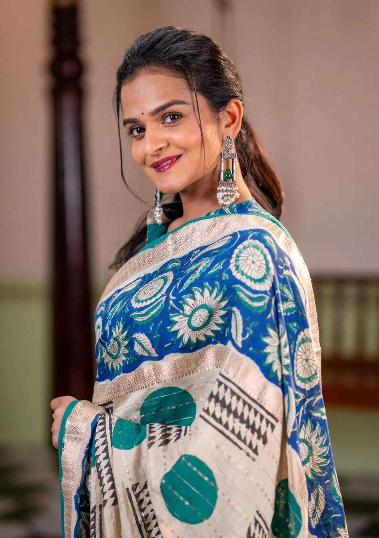 Semi Chanderi Silk Cotton Saree Cream And Blue With Allover Zari Weaves Geometric Block Prints And Long Printed Border For Women - Indya