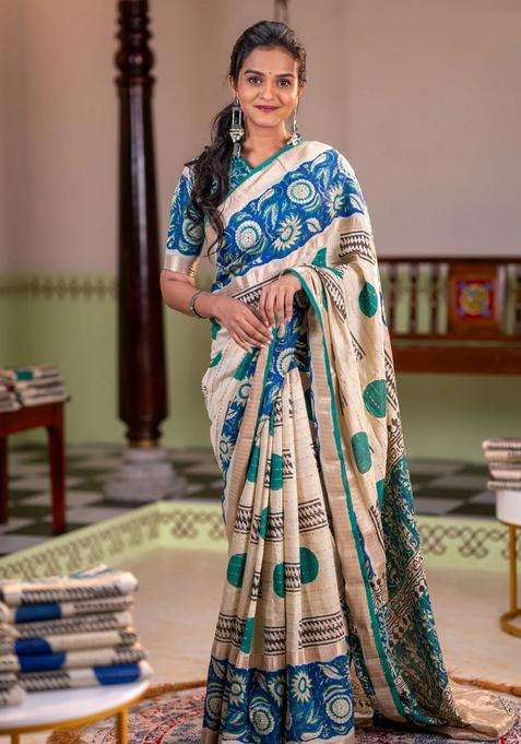 Semi Chanderi Silk Cotton Saree Cream And Blue With Allover Zari Weaves Geometric Block Prints And Long Printed Border For Women