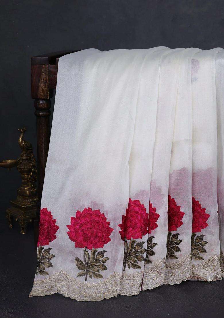 Tissue Organza Saree Cream With Plain Body And Floral Embroidery Border With Embroidered Design For Women - Indya