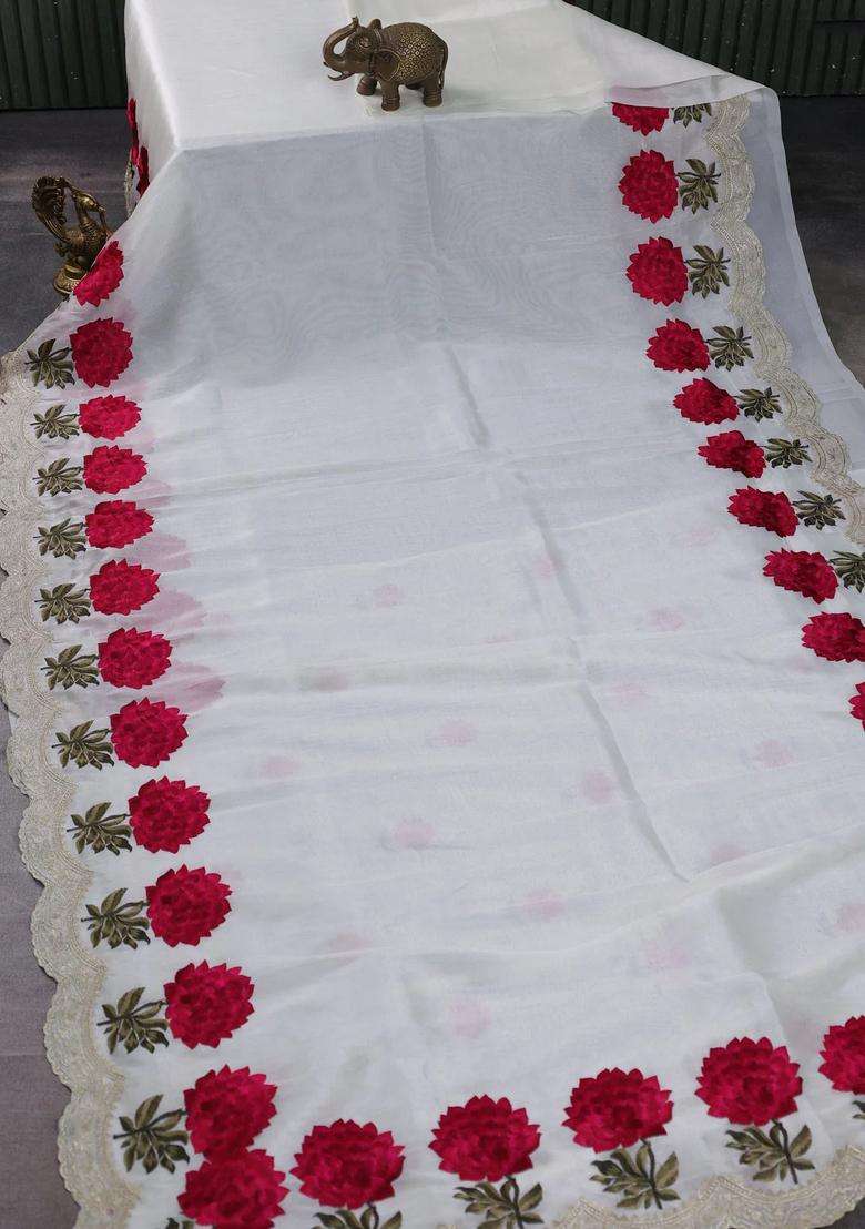 Tissue Organza Saree Cream With Plain Body And Floral Embroidery Border With Embroidered Design For Women - Indya
