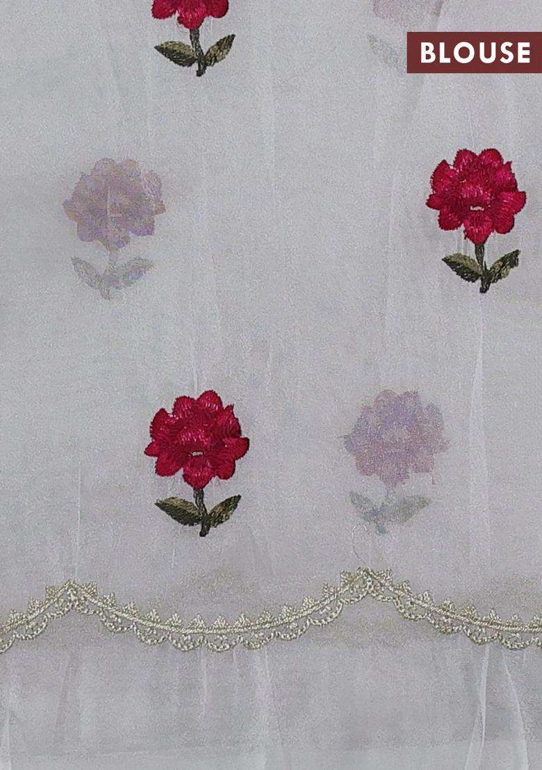 Tissue Organza Saree Cream With Plain Body And Floral Embroidery Border With Embroidered Design For Women - Indya