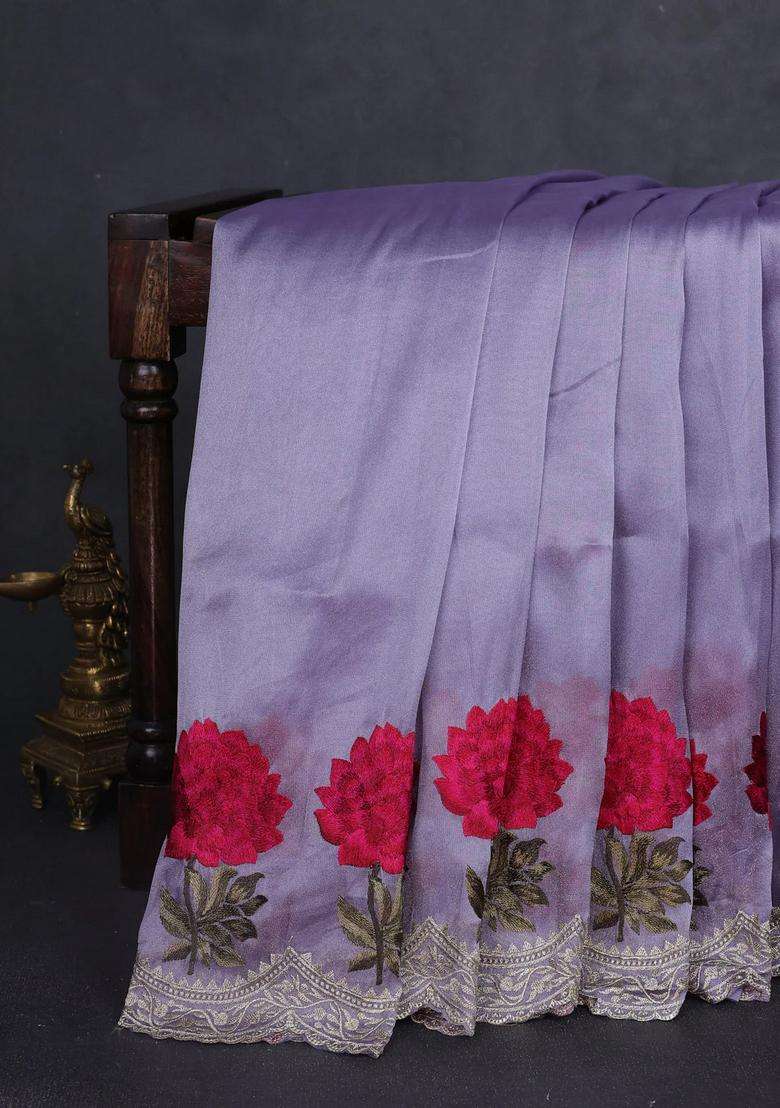 Tissue Organza Saree Pastel Lavender With Plain Body And Floral Embroidery Border With Embroidered Design For Women - Indya