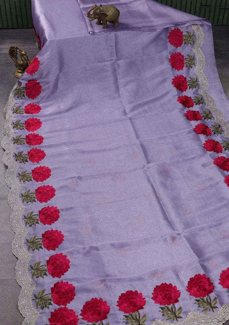 Tissue Organza Saree Pastel Lavender With Plain Body And Floral Embroidery Border With Embroidered Design For Women - Indya