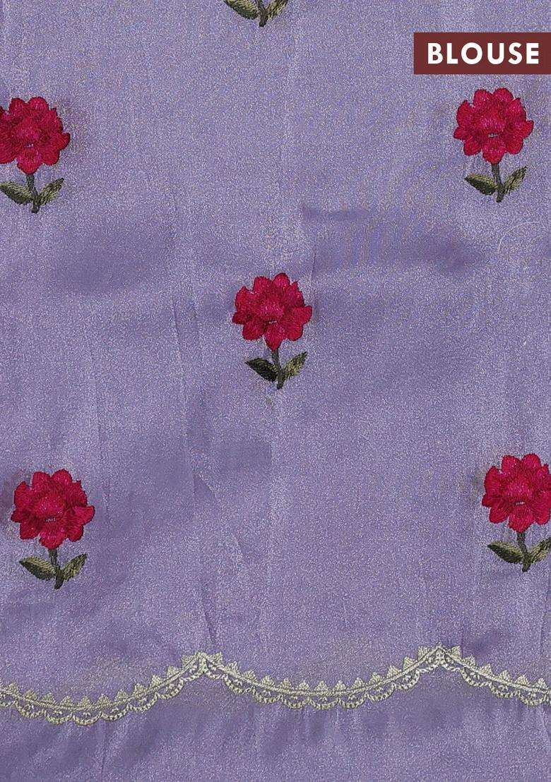 Tissue Organza Saree Pastel Lavender With Plain Body And Floral Embroidery Border With Embroidered Design For Women - Indya