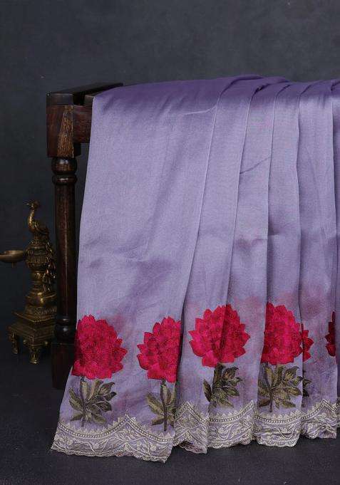 Tissue Organza Saree Pastel Lavender With Plain Body And Floral Embroidery Border With Embroidered Design For Women