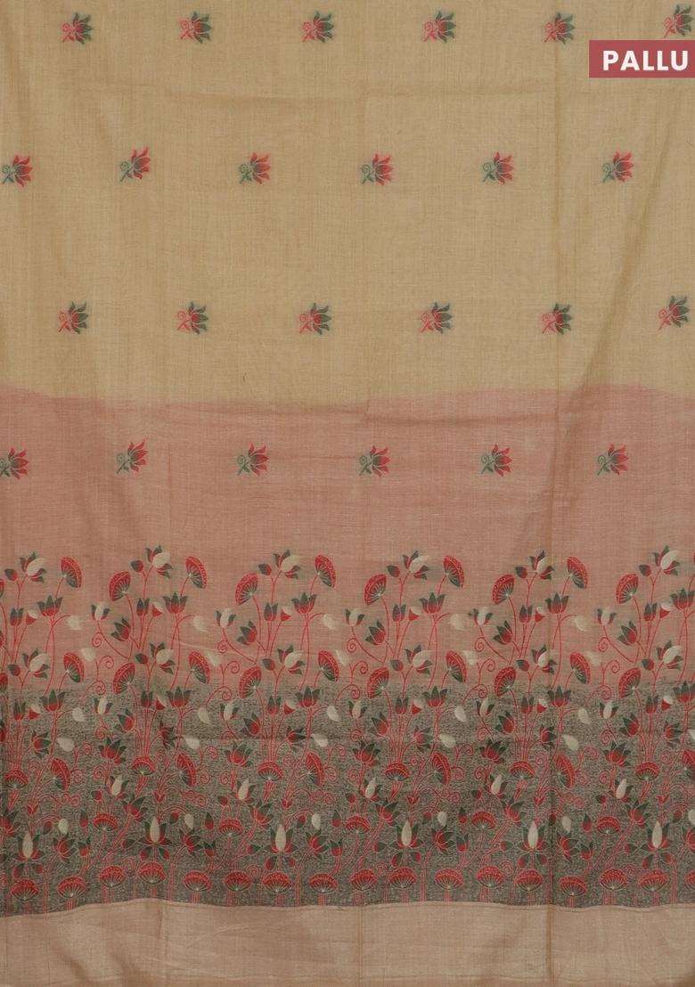 Jamdhani Cotton Saree Sandal And Red With Thread Woven Buttas And Jamdhani Pallu With Buttas And Brocade Design For Women - Indya
