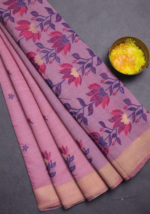 Jamdhani Cotton Saree Pastel Pink And Navy Blue With Allover Thread Woven Buttas And Jamdhani Pallu With Buttas And Brocade Design For Women