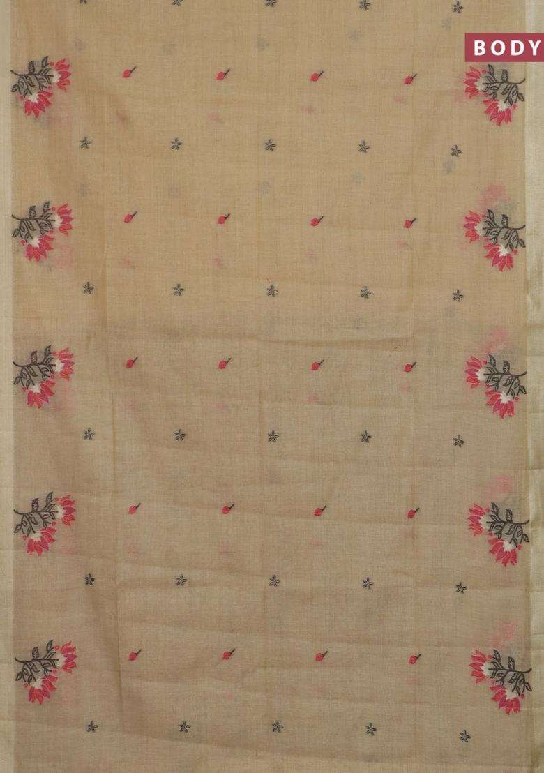Jamdhani Cotton Saree Sandal And Black With Allover Thread Woven Buttas And Jamdhani Pallu With Buttas And Brocade Design For Women - Indya