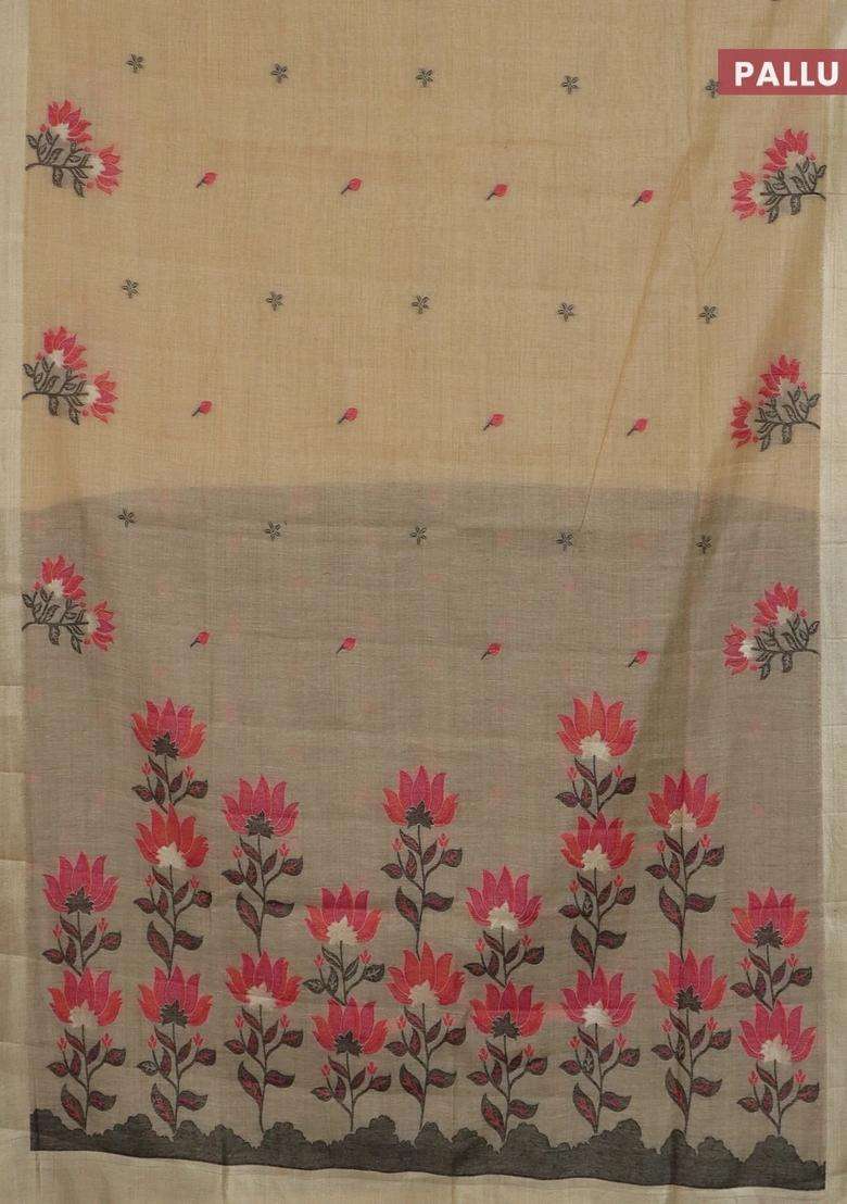 Jamdhani Cotton Saree Sandal And Black With Allover Thread Woven Buttas And Jamdhani Pallu With Buttas And Brocade Design For Women - Indya