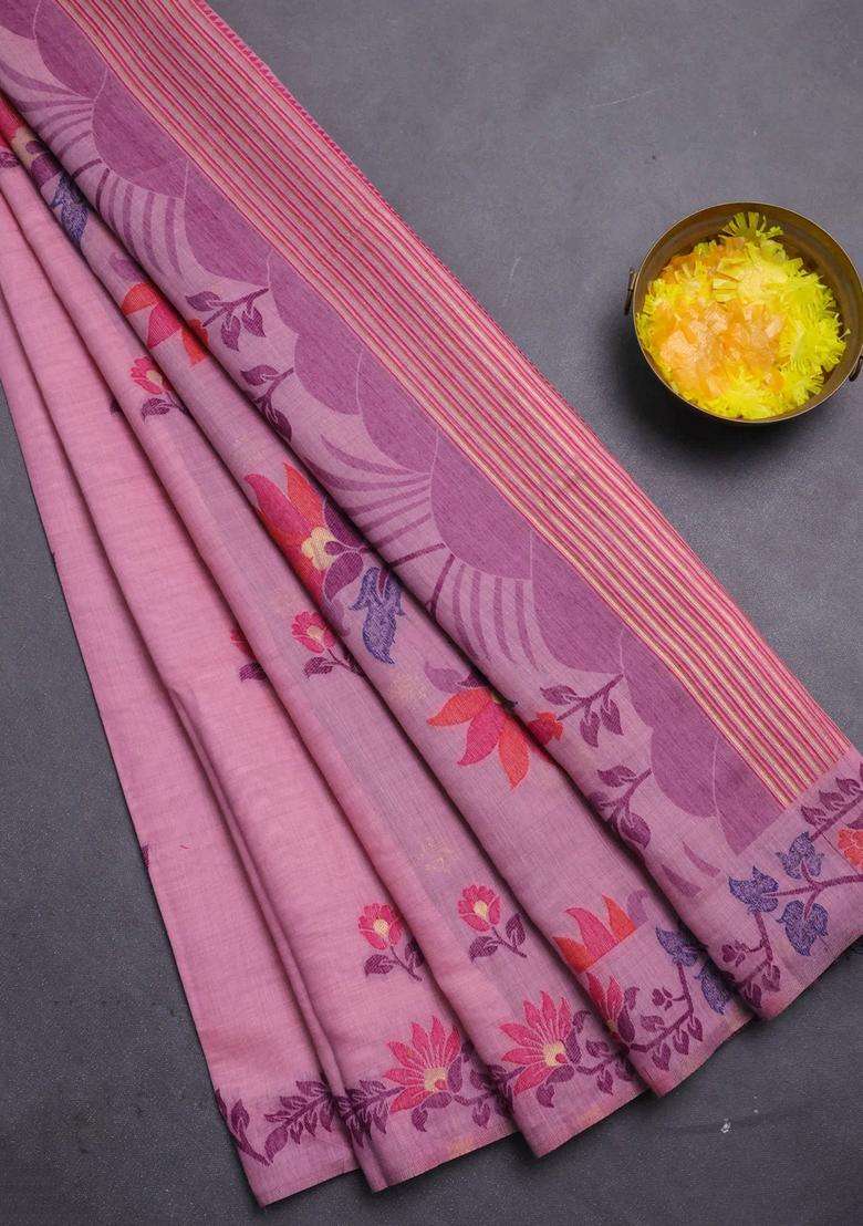 Jamdhani Cotton Saree Pastel Pink And Purple With Allover Thread Woven Buttas And Jamdhani Pallu With Buttas And Brocade Design For Women - Indya