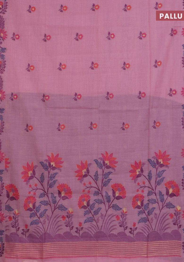 Jamdhani Cotton Saree Pastel Pink And Purple With Allover Thread Woven Buttas And Jamdhani Pallu With Buttas And Brocade Design For Women - Indya