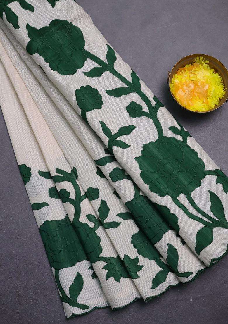 Kota Cotton Saree Beige And Green With Floral Applique Work With Traditional Woven Design For Women - Indya