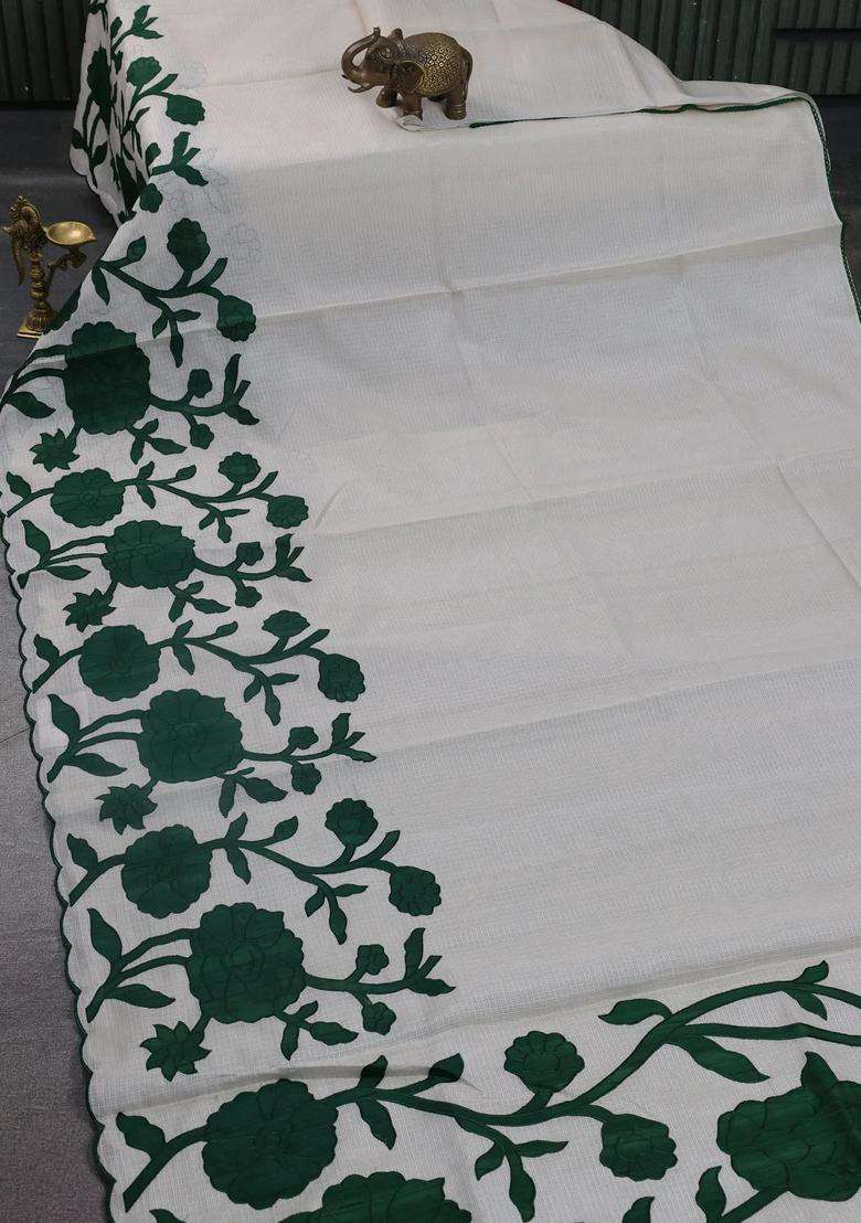 Kota Cotton Saree Beige And Green With Floral Applique Work With Traditional Woven Design For Women - Indya