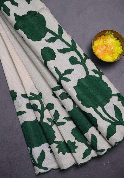 Kota Cotton Saree Beige And Green With Floral Applique Work With Traditional Woven Design For Women