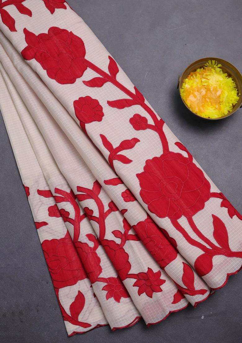 Kota Cotton Saree Beige And Red With Floral Applique Work With Traditional Woven Design For Women - Indya