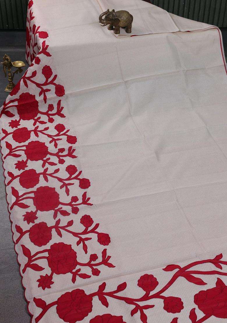 Kota Cotton Saree Beige And Red With Floral Applique Work With Traditional Woven Design For Women - Indya