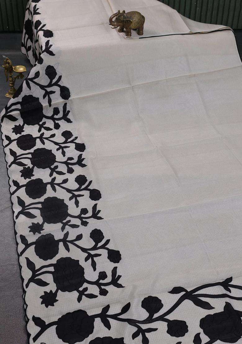 Kota Cotton Saree Beige And Black With Floral Applique Work With Traditional Woven Design For Women - Indya
