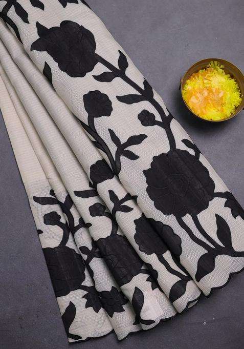 Kota Cotton Saree Beige And Black With Floral Applique Work With Traditional Woven Design For Women