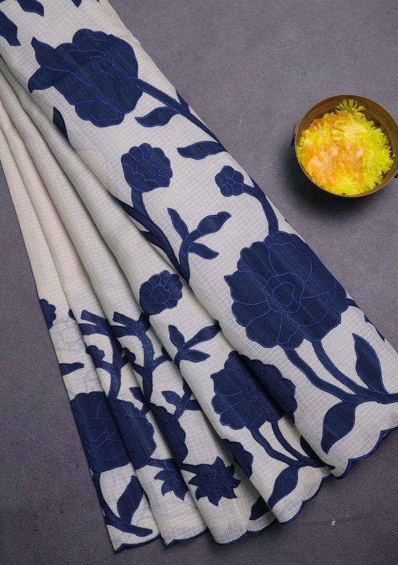 Kota Cotton Saree Beige And Peacock Blue With Floral Applique Work With Traditional Woven Design For Women - Indya
