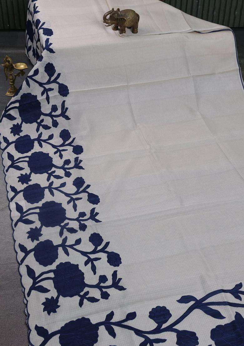 Kota Cotton Saree Beige And Peacock Blue With Floral Applique Work With Traditional Woven Design For Women - Indya
