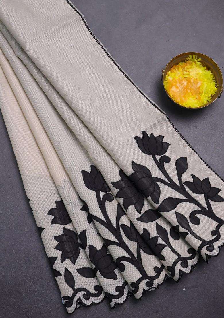 Kota Cotton Saree Beige And Black With Kalamkari Applique Work With Traditional Woven Design For Women - Indya