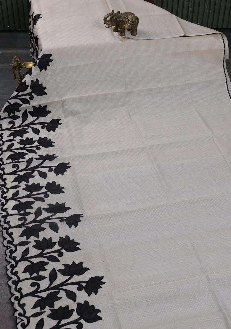 Kota Cotton Saree Beige And Black With Kalamkari Applique Work With Traditional Woven Design For Women - Indya