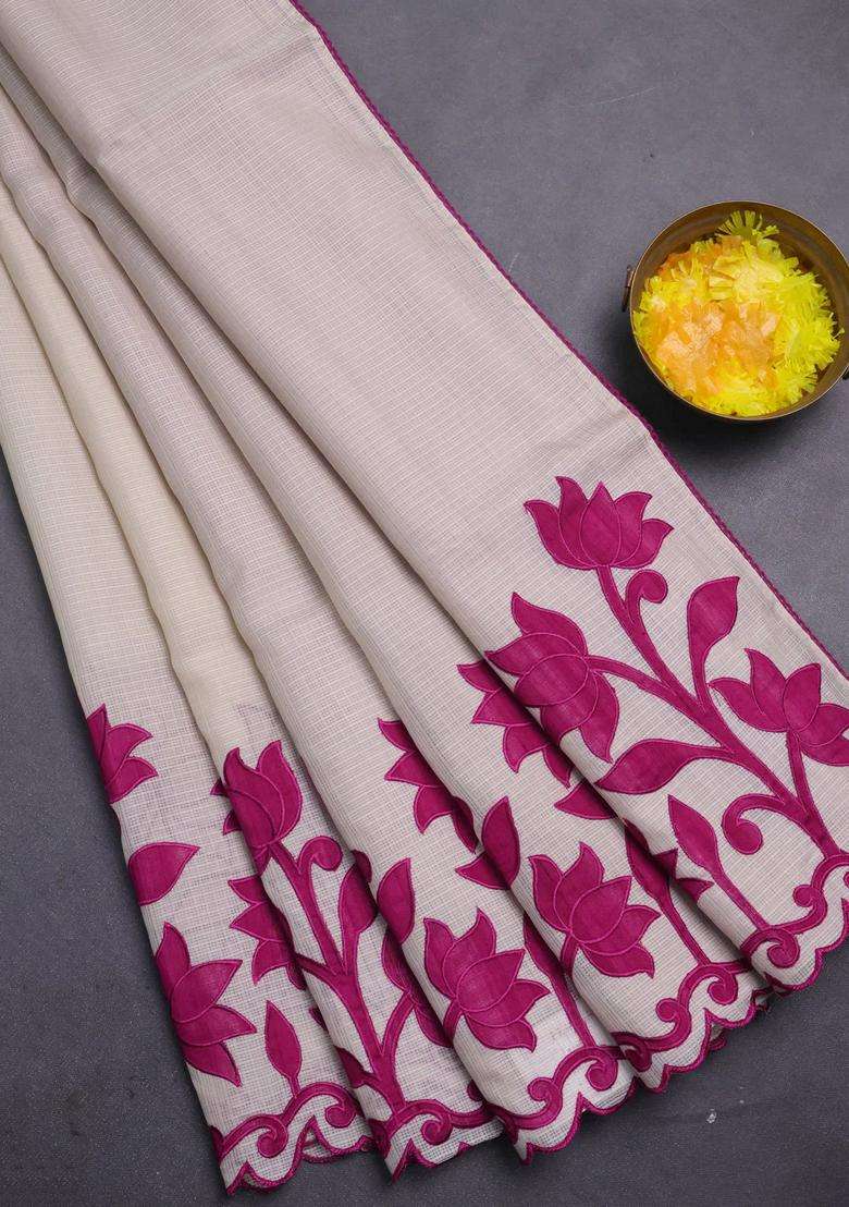 Kota Cotton Saree Beige And Purple With Kalamkari Applique Work With Traditional Woven Design For Women - Indya