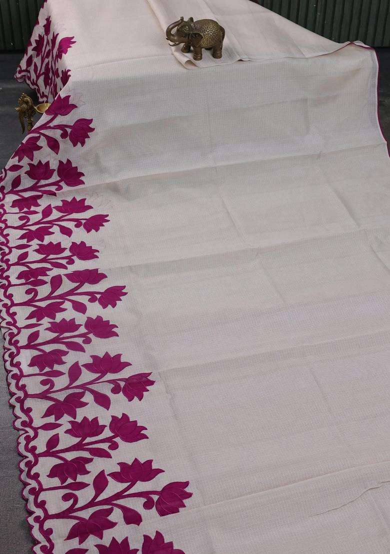 Kota Cotton Saree Beige And Purple With Kalamkari Applique Work With Traditional Woven Design For Women - Indya