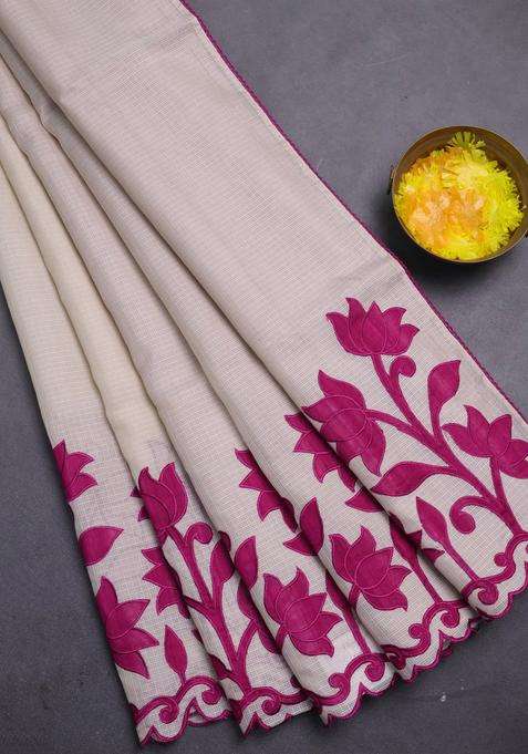 Kota Cotton Saree Beige And Purple With Kalamkari Applique Work With Traditional Woven Design For Women