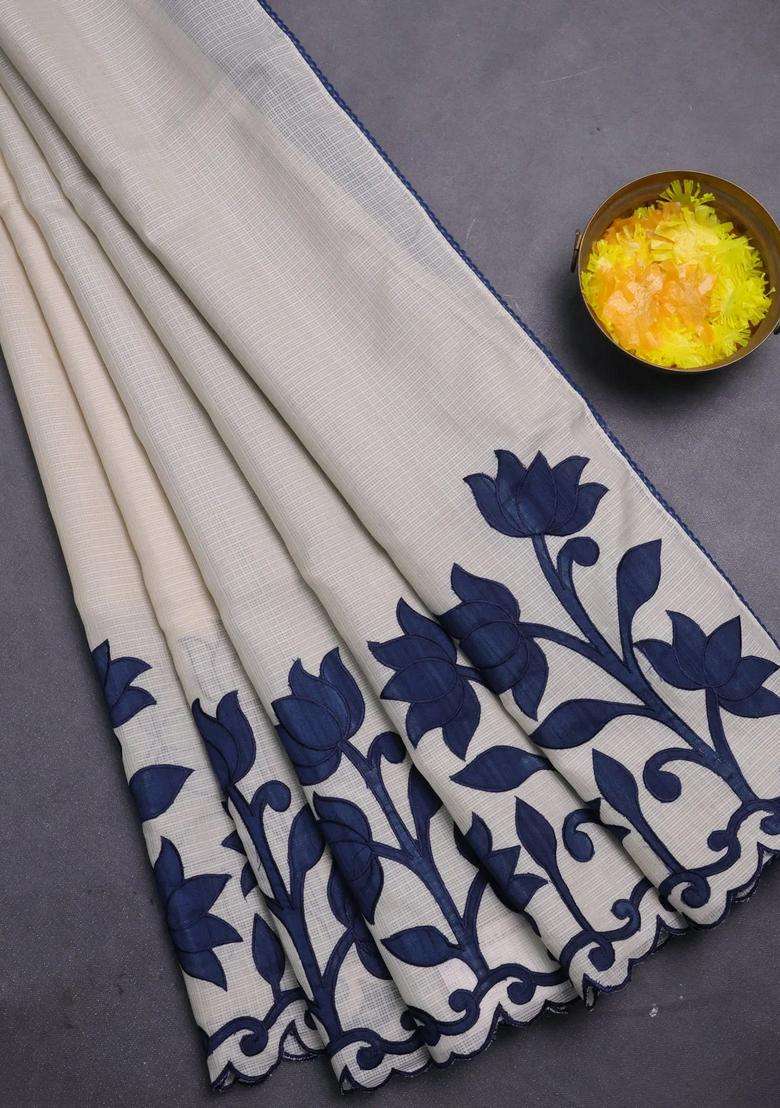 Kota Cotton Saree Beige And Peacock Blue With Kalamkari Applique Work With Traditional Woven Design For Women - Indya