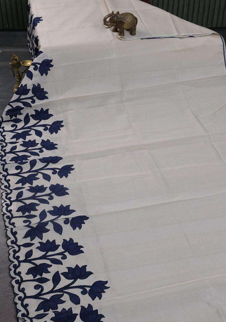Kota Cotton Saree Beige And Peacock Blue With Kalamkari Applique Work With Traditional Woven Design For Women - Indya