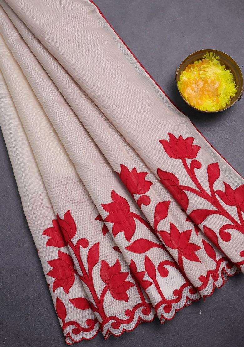 Kota Cotton Saree Beige And Red With Kalamkari Applique Work With Traditional Woven Design For Women - Indya
