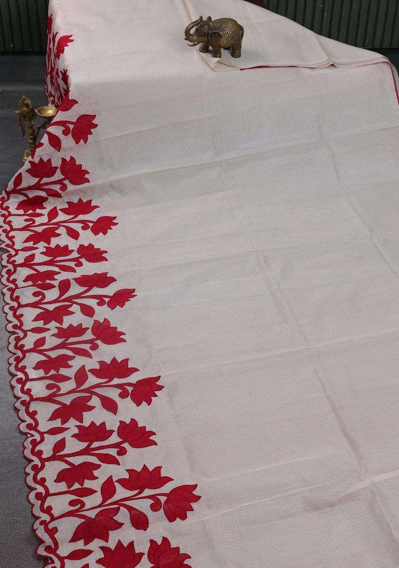 Kota Cotton Saree Beige And Red With Kalamkari Applique Work With Traditional Woven Design For Women - Indya