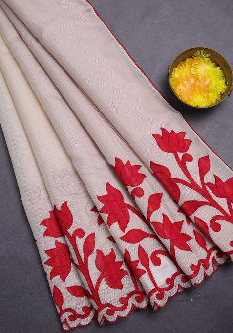 Kota Cotton Saree Beige And Red With Kalamkari Applique Work With Traditional Woven Design For Women