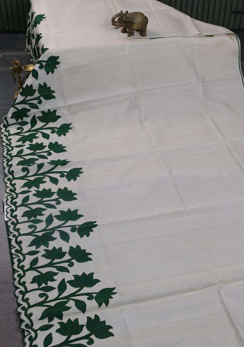 Kota Cotton Saree Beige And Green With Kalamkari Applique Work With Traditional Woven Design For Women - Indya