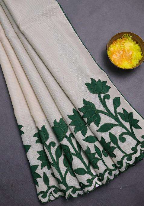 Kota Cotton Saree Beige And Green With Kalamkari Applique Work With Traditional Woven Design For Women