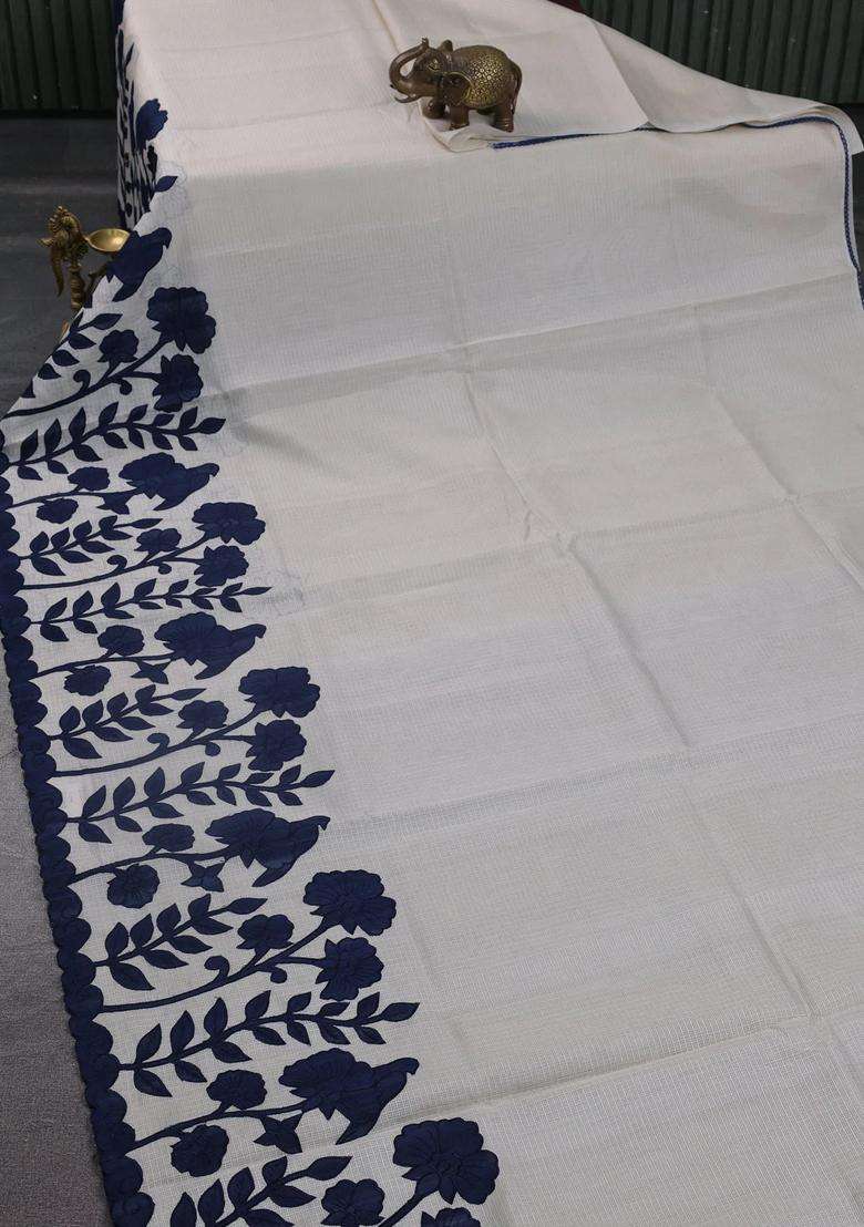 Kota Cotton Saree Beige And Peacock Blue With Kalamkari Applique Work With Traditional Woven Design For Women - Indya