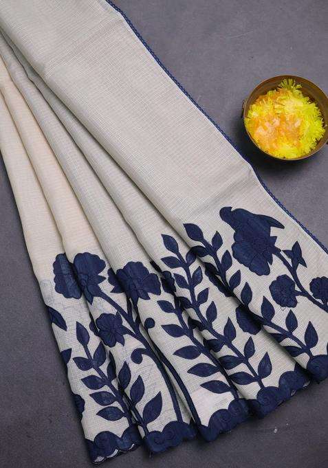 Kota Cotton Saree Beige And Peacock Blue With Kalamkari Applique Work With Traditional Woven Design For Women