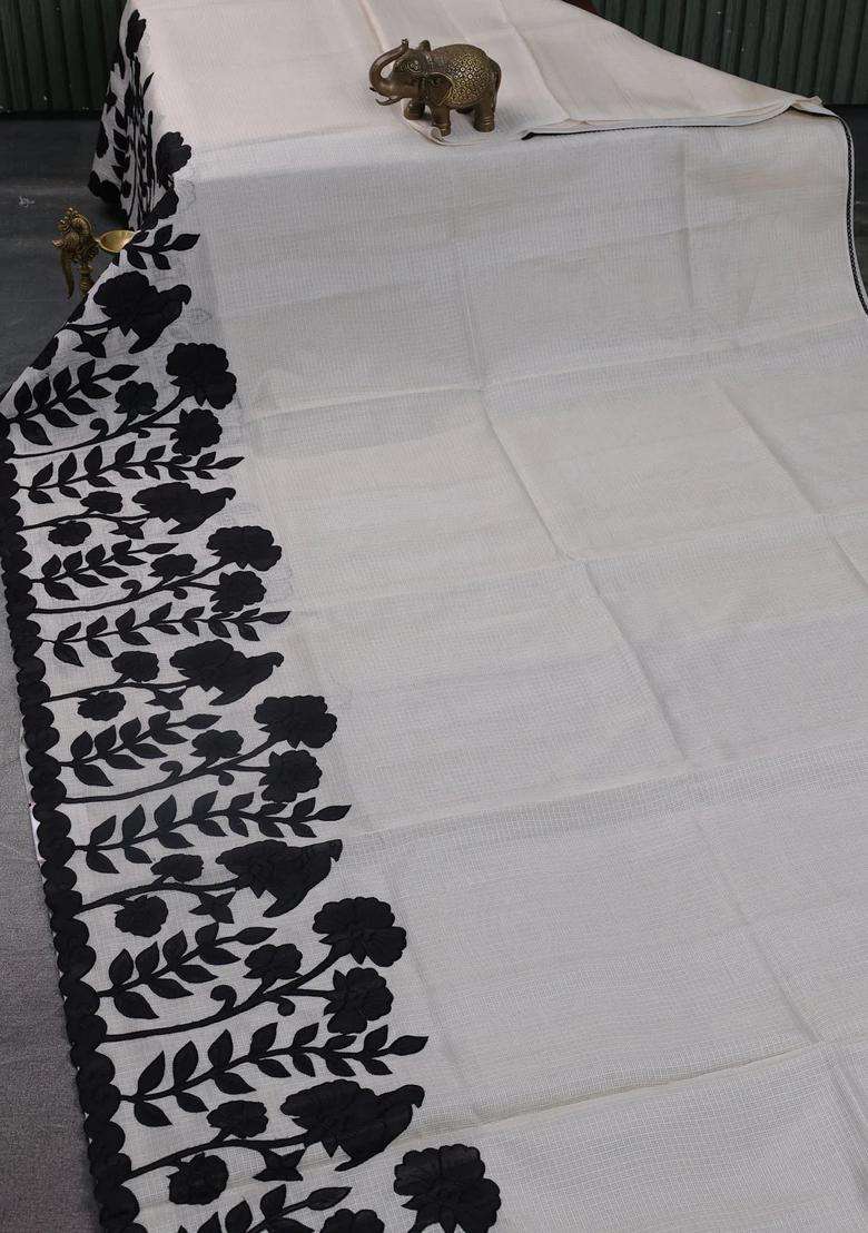 Kota Cotton Saree Beige And Black With Kalamkari Applique Work With Traditional Woven Design For Women - Indya