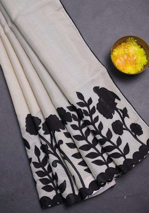 Kota Cotton Saree Beige And Black With Kalamkari Applique Work With Traditional Woven Design For Women