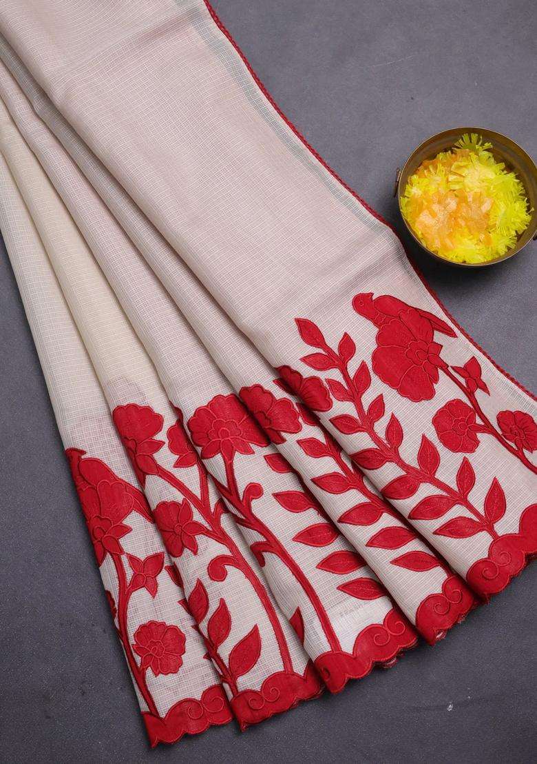 Kota Cotton Saree Beige And Red With Kalamkari Applique Work With Traditional Woven Design For Women - Indya